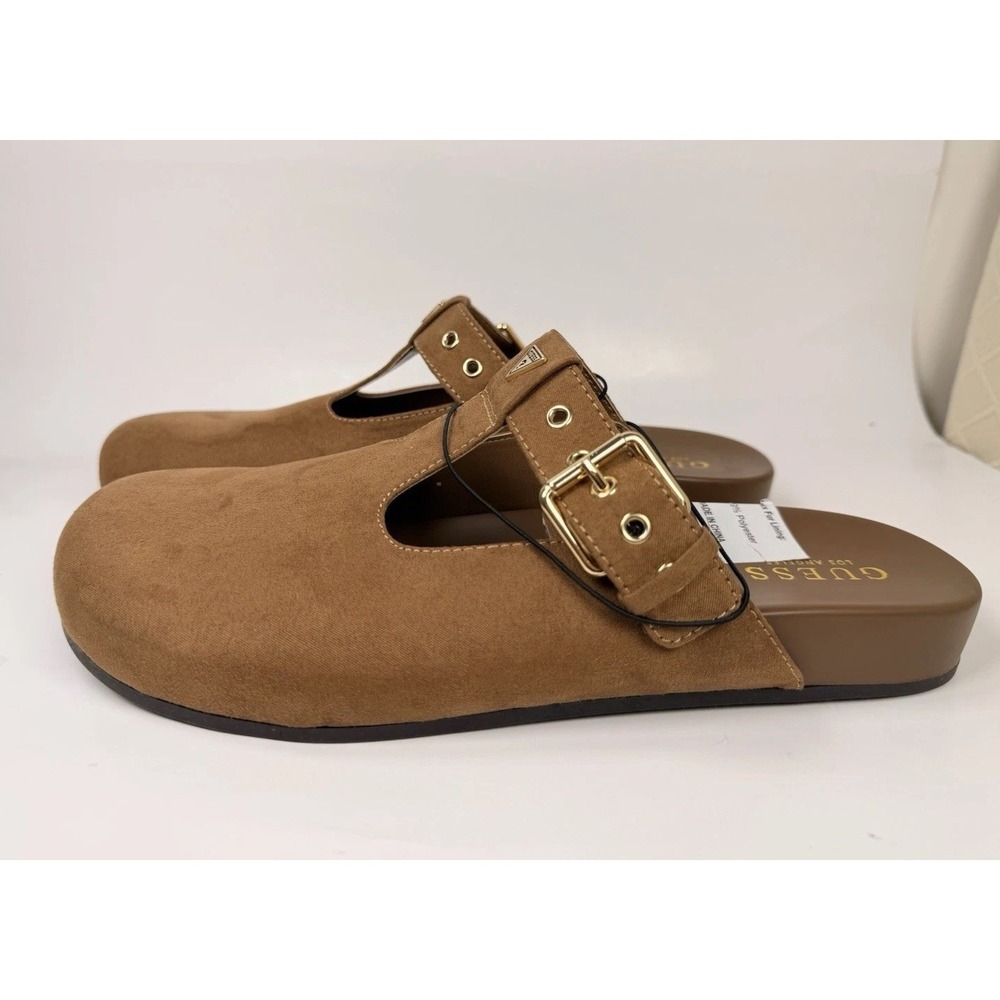 GUESS Women's Brown Suede Flat Clogs Slip-On Size 11‎ NWOT Gold Logo Buckle